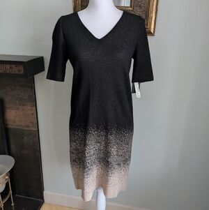 NEW Buchanan Kang Women's 4 Beige Black Short Sleeve V neck Dress Knit Ombre